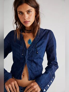 NWOT Free People Caroline Denim Crop Long Sleeve Corset Top XL